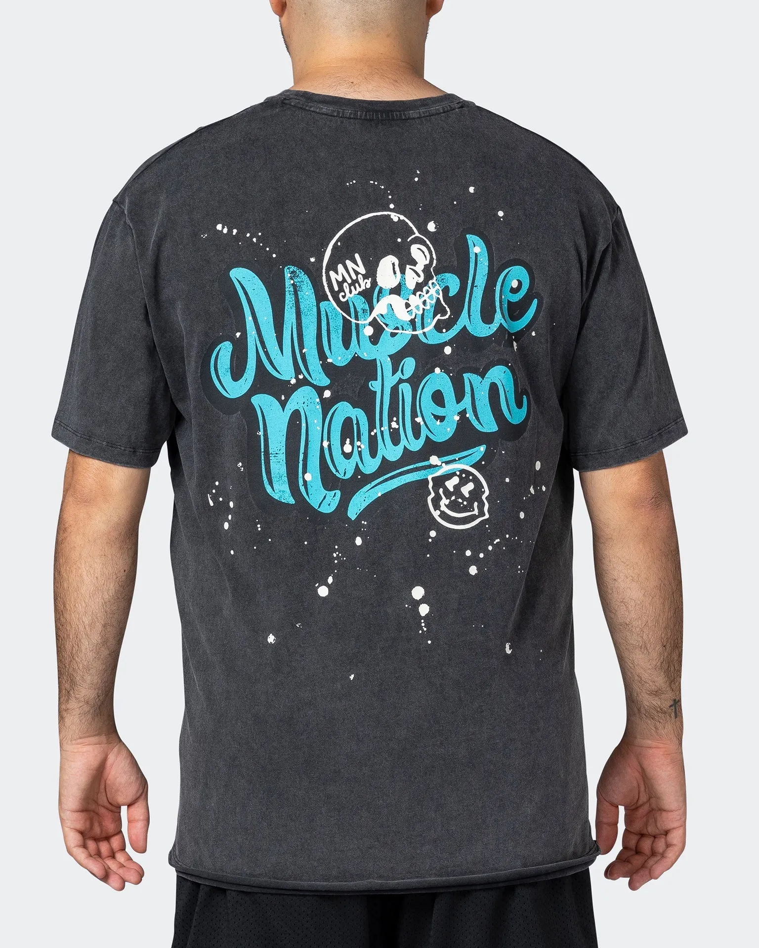 Mens Graffiti Tag Oversized Vintage Tee - Washed Black / Capri Blue