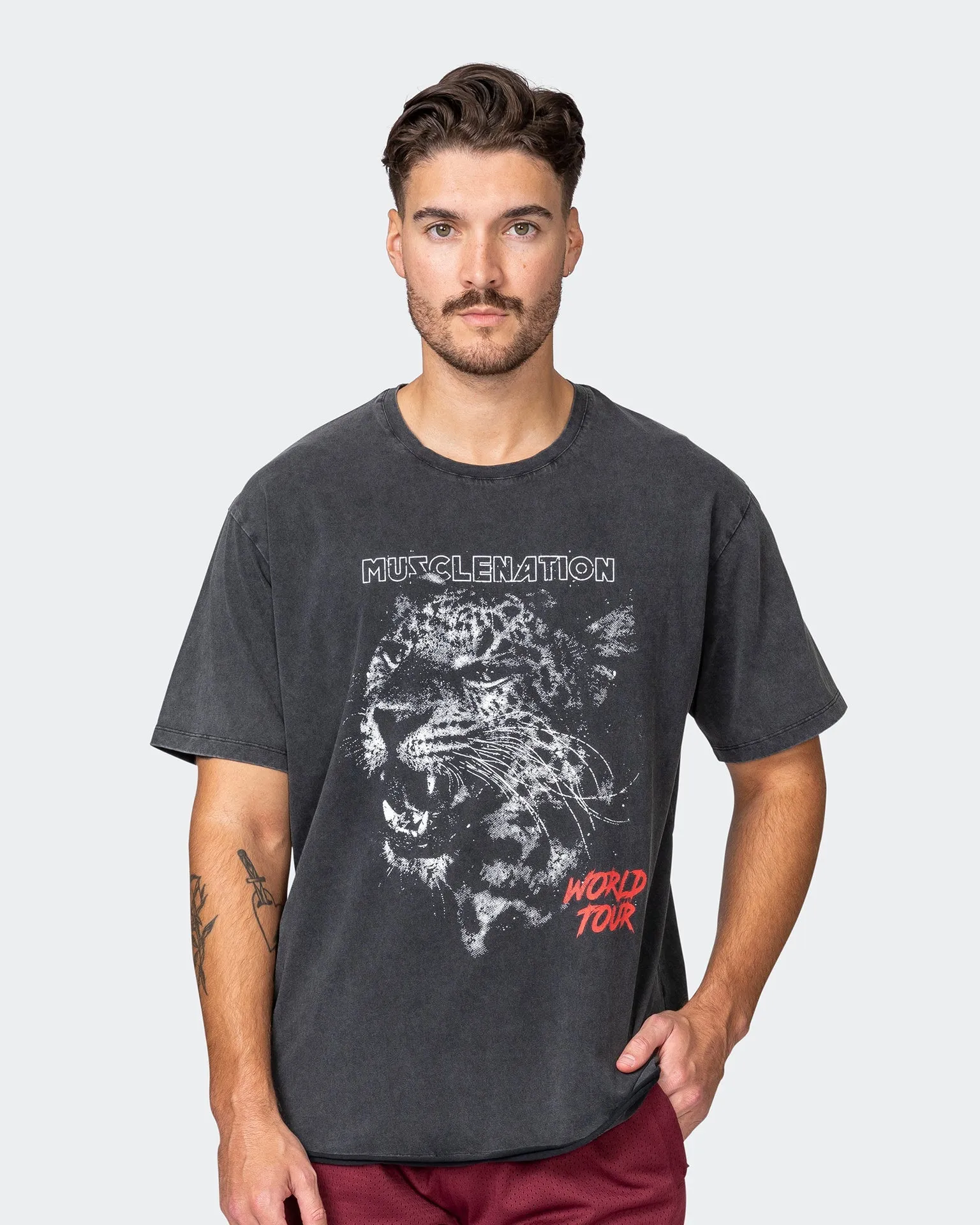 Mens Leopard Oversized Vintage Tee - Washed Black