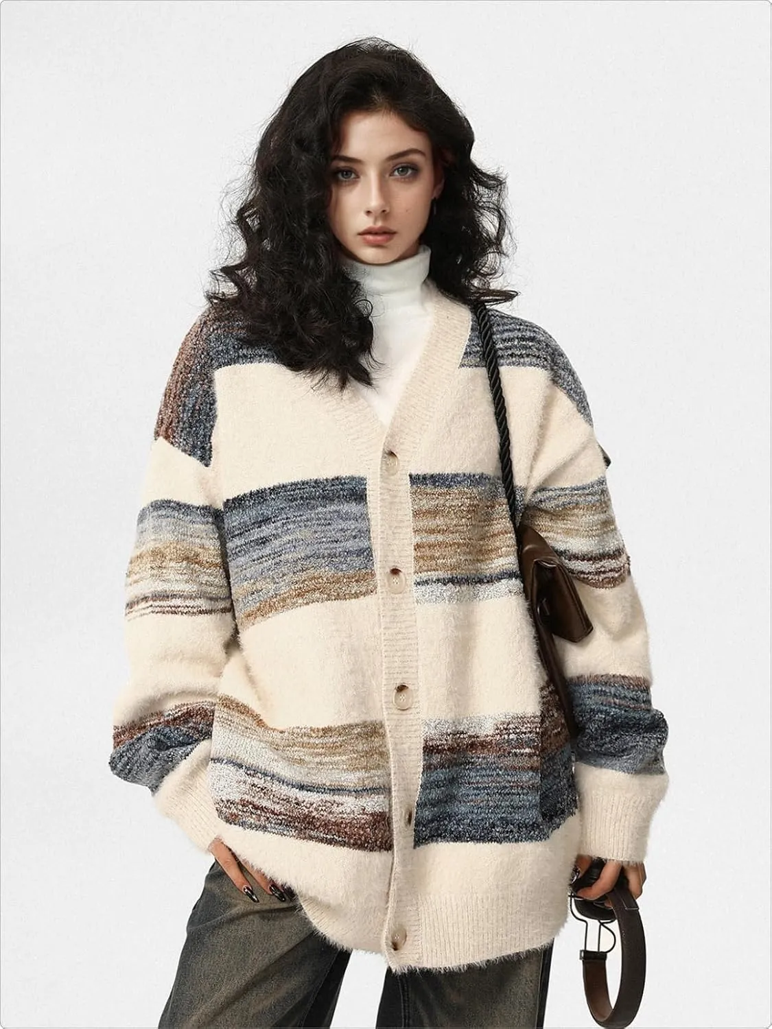 Men's Women's Oversized Striped Cardigan Sweater Long Sleeve Button Down Vintage Knit Cardigans