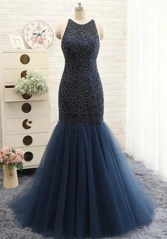 Mermaid Beaded Navy Blue Prom Dress