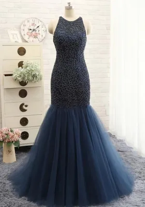Mermaid Beaded Navy Blue Prom Dress