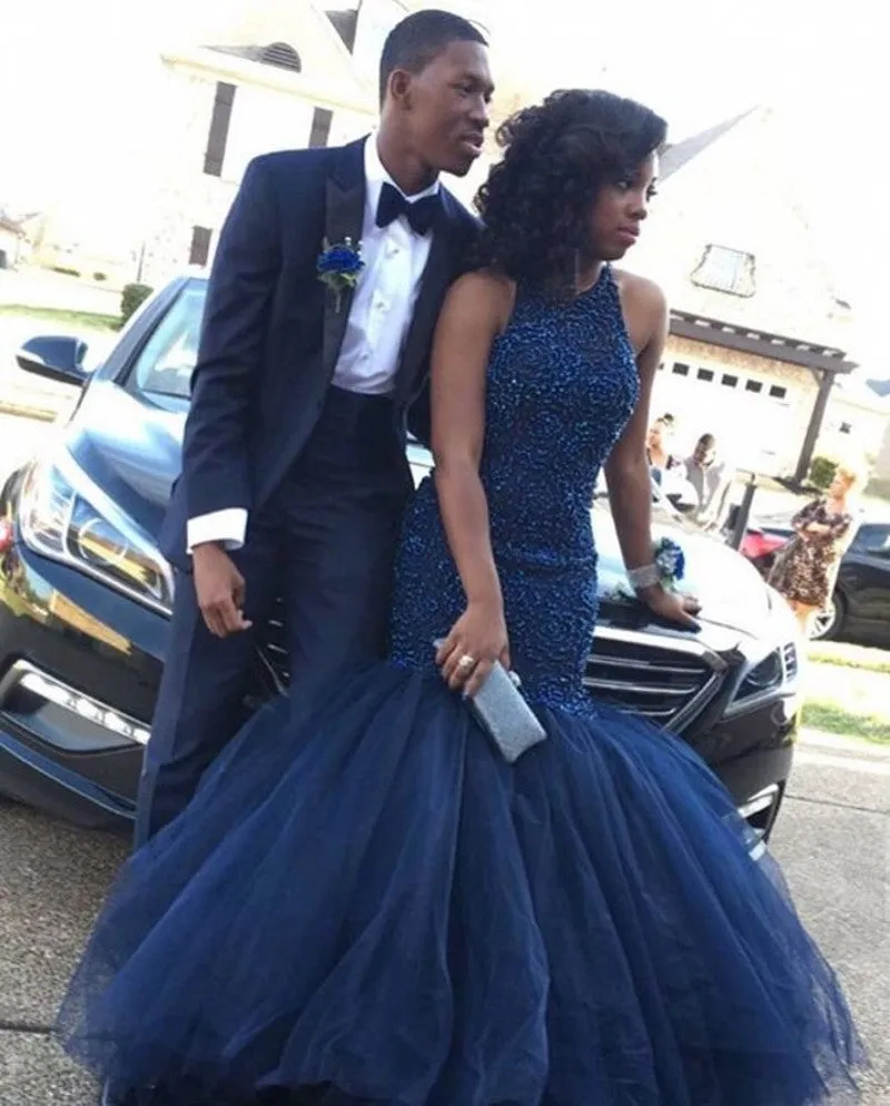Mermaid Beaded Navy Blue Prom Dress