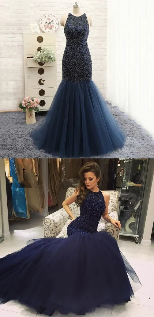 Mermaid Beaded Navy Blue Prom Dress