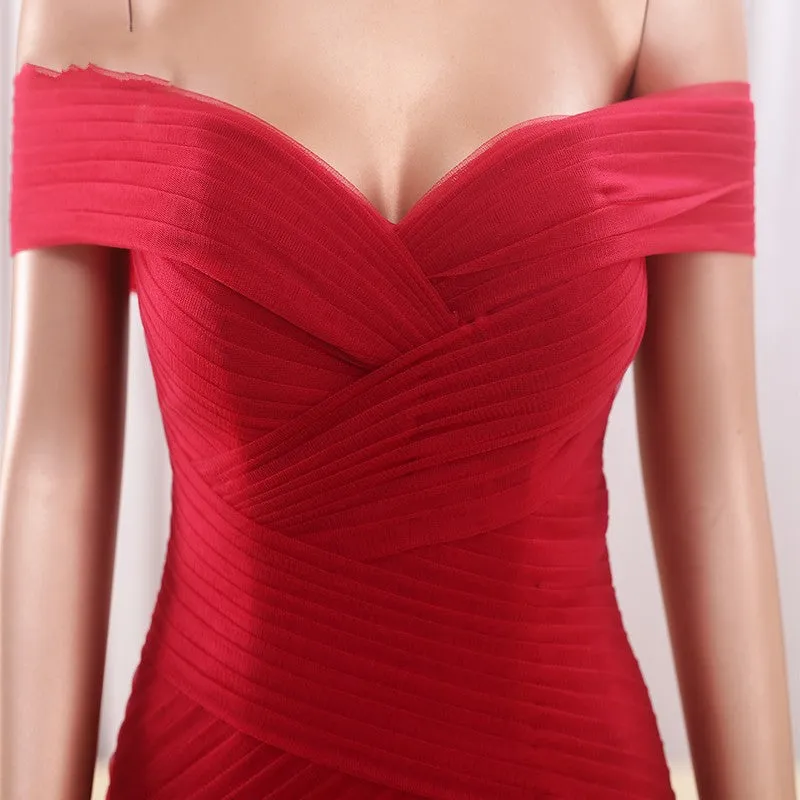 Mermaid Off Shoulder Sleeve Red Evening Dress