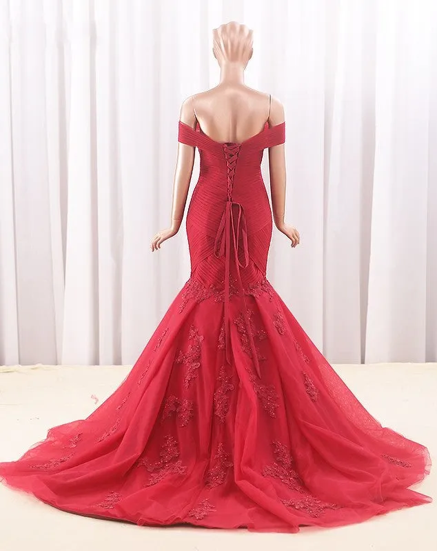 Mermaid Off Shoulder Sleeve Red Evening Dress