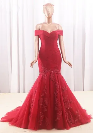 Mermaid Off Shoulder Sleeve Red Evening Dress