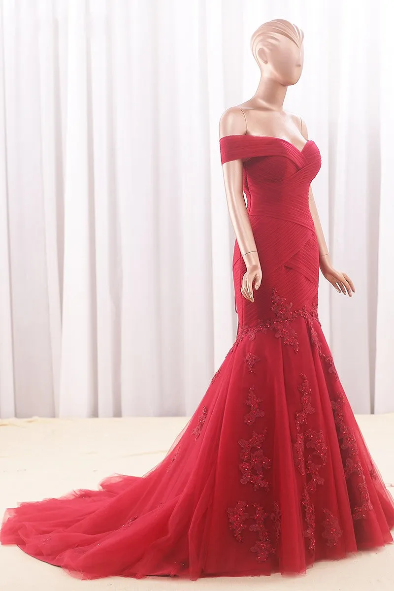 Mermaid Off Shoulder Sleeve Red Evening Dress