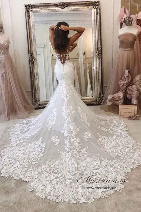 Mermaid Spaghetti Straps Deep V Neck Wedding Dress With Chanpel Train, MW516