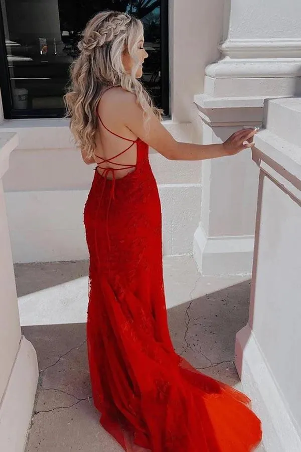 Mermaid Spaghetti Straps Scoop Neck Lace Appliques Prom Dresses, MP865