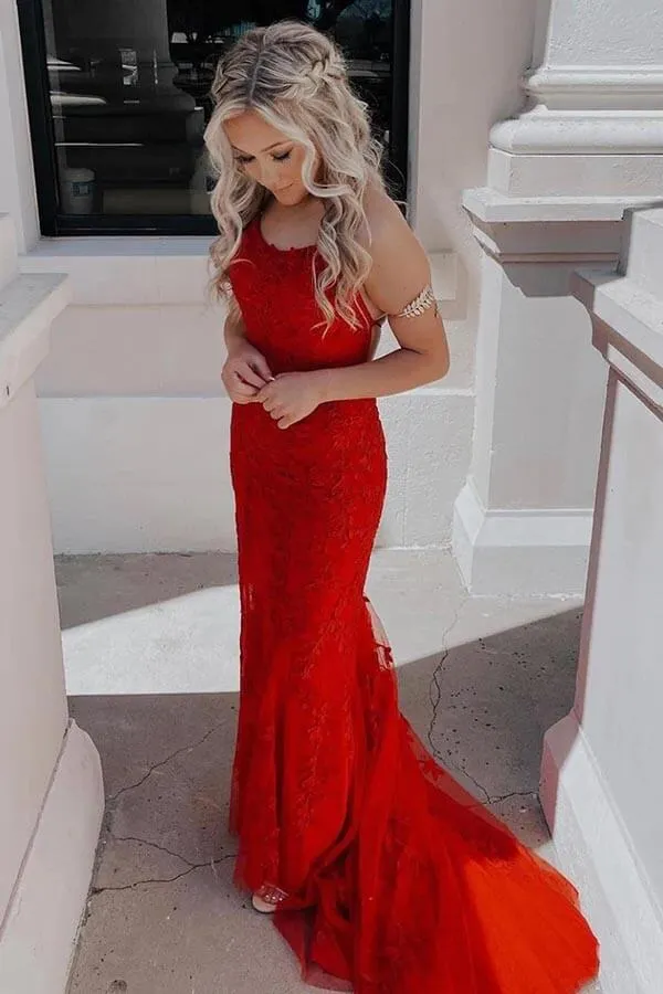 Mermaid Spaghetti Straps Scoop Neck Lace Appliques Prom Dresses, MP865