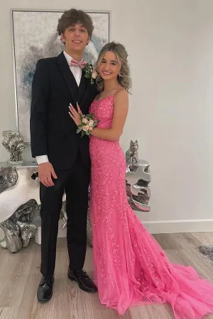 Mermaid Spaghetti Straps Scoop Neck Lace Appliques Prom Dresses, MP865