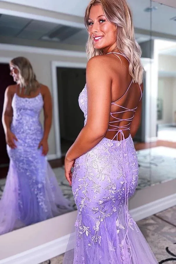 Mermaid Spaghetti Straps Scoop Neck Lace Appliques Prom Dresses, MP865