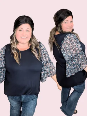 Meryl Floral Wide Sleeve Top in Navy
