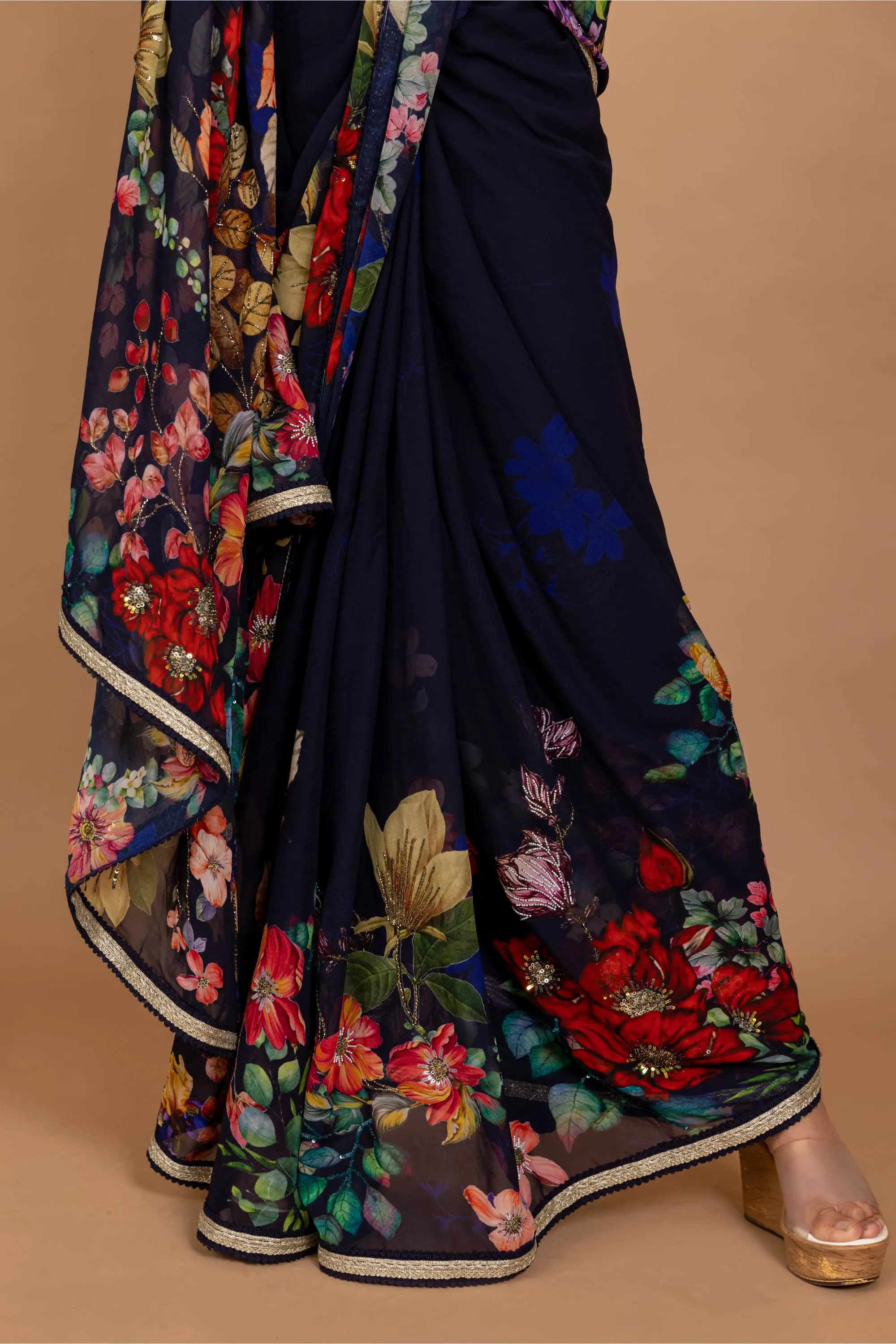 Midnight blue floral printed sari with blouse