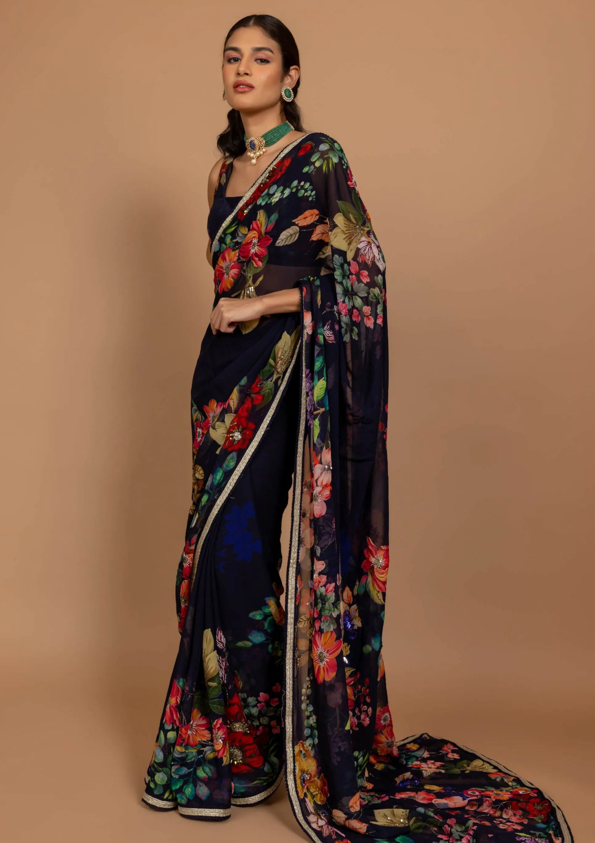 Midnight blue floral printed sari with blouse