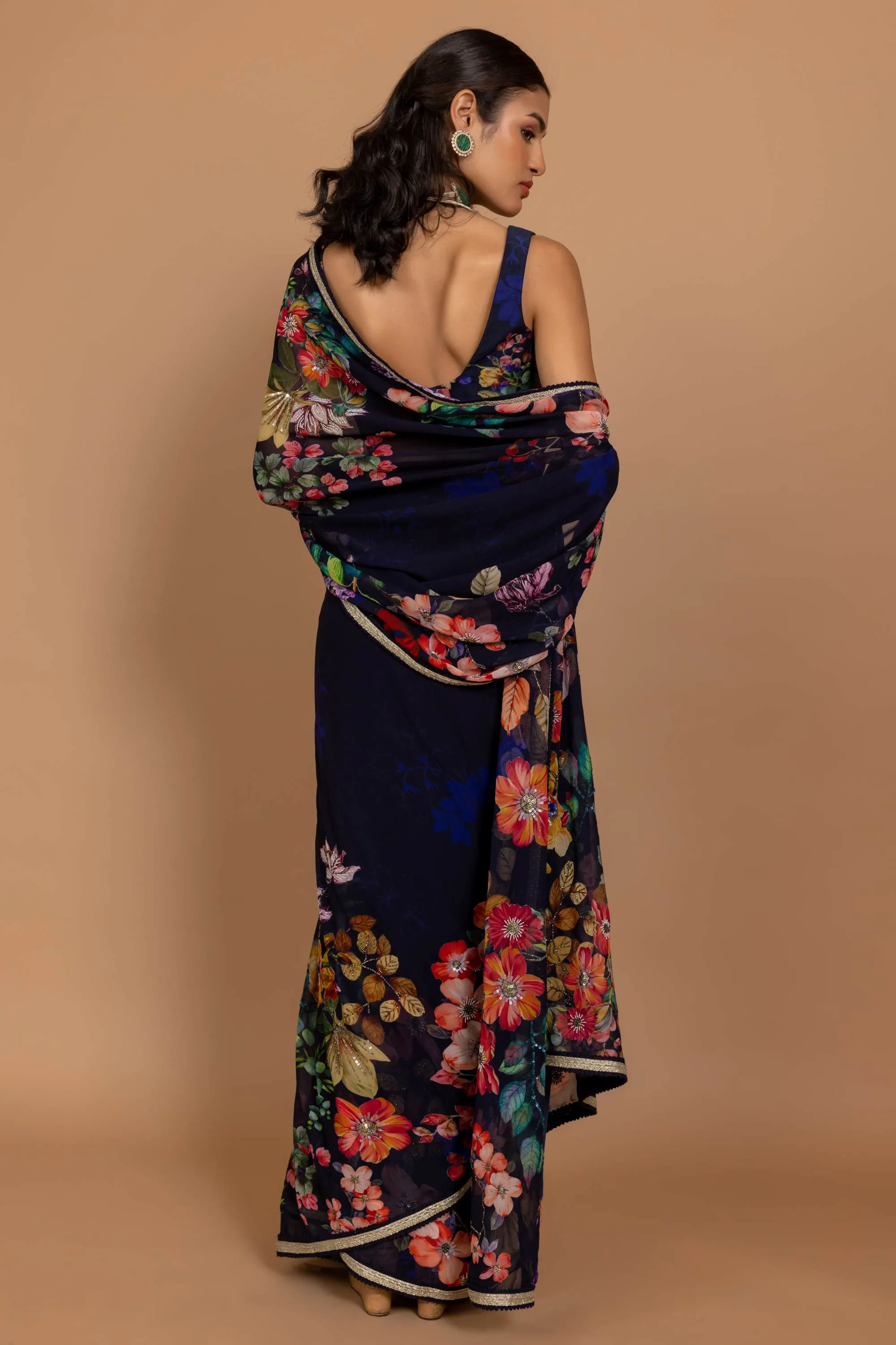Midnight blue floral printed sari with blouse
