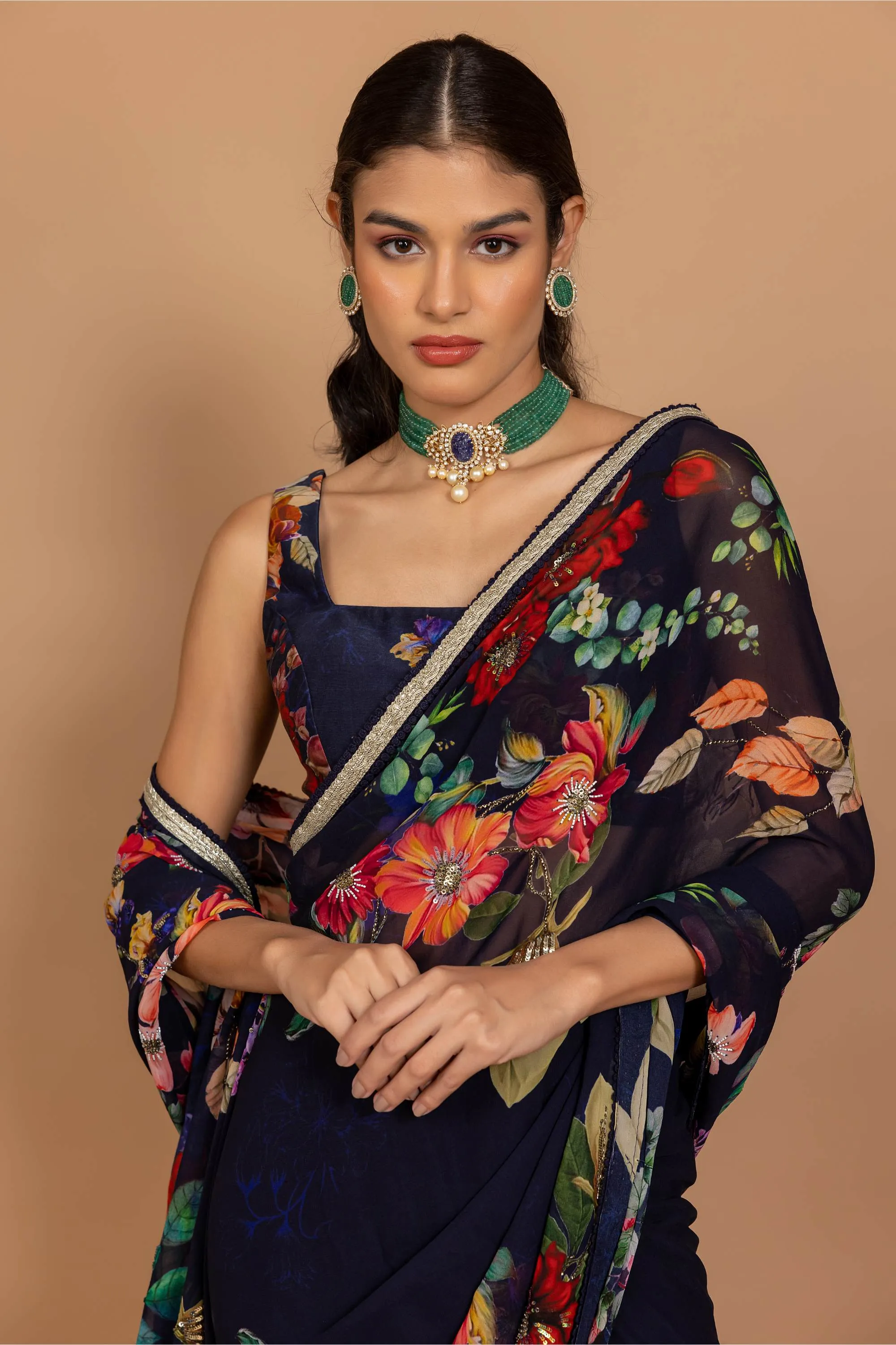 Midnight blue floral printed sari with blouse