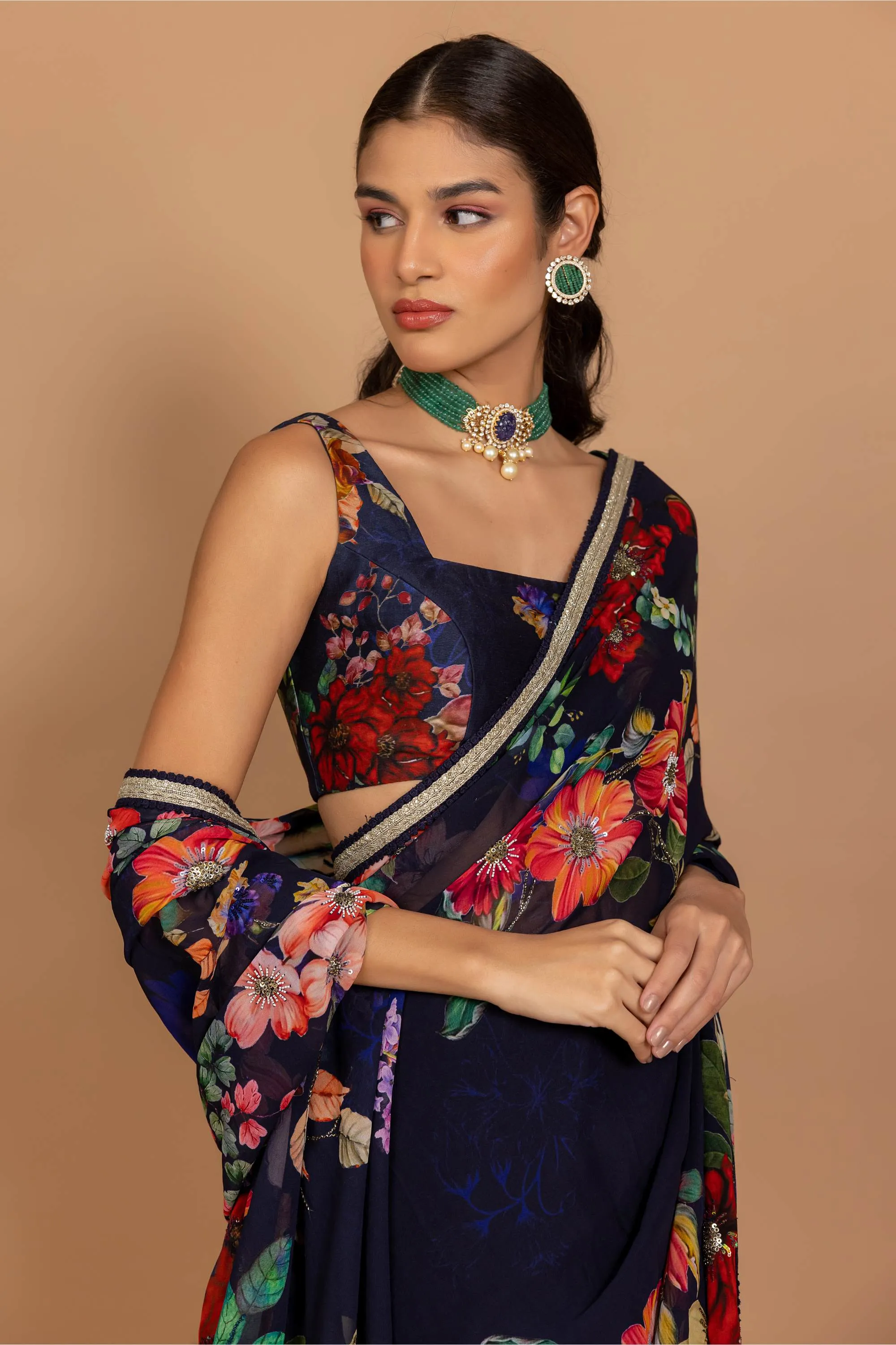 Midnight blue floral printed sari with blouse