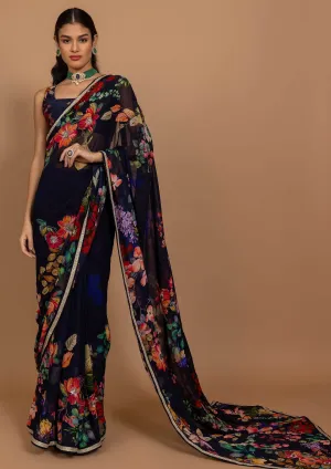 Midnight blue floral printed sari with blouse