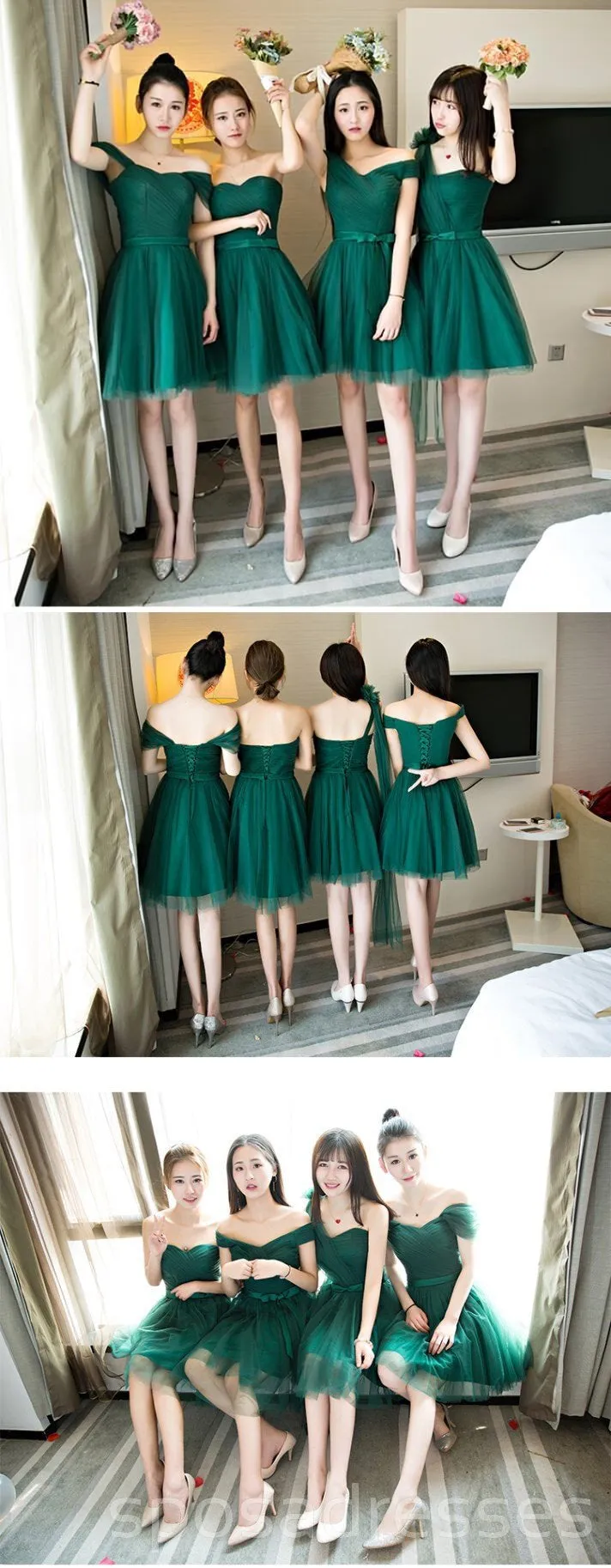 Mismatched Dark Green Tulle Short Cheap Bridesmaid Dresses, BD023