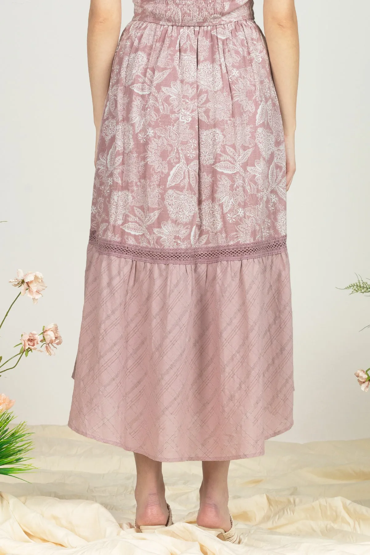 Mixed Print Buttoned Long Skirt