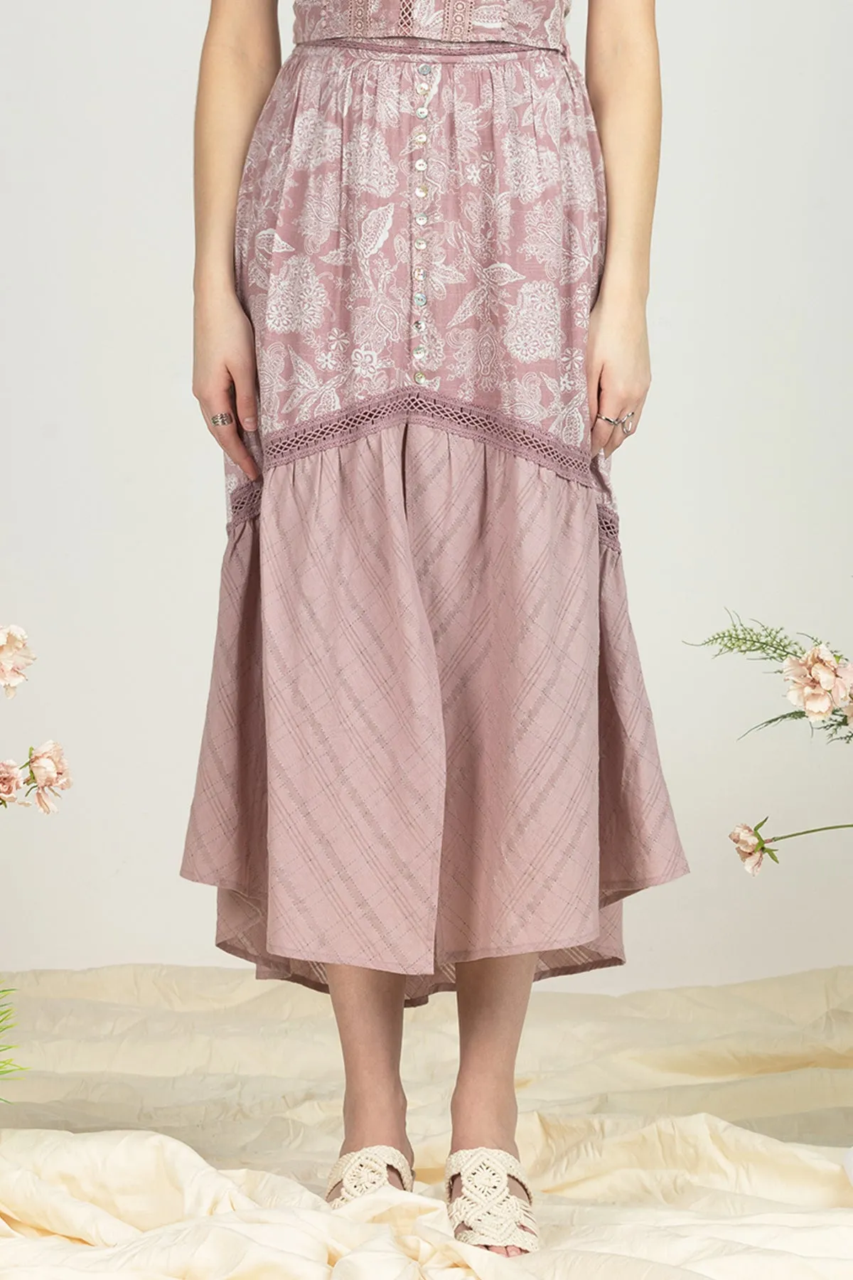 Mixed Print Buttoned Long Skirt