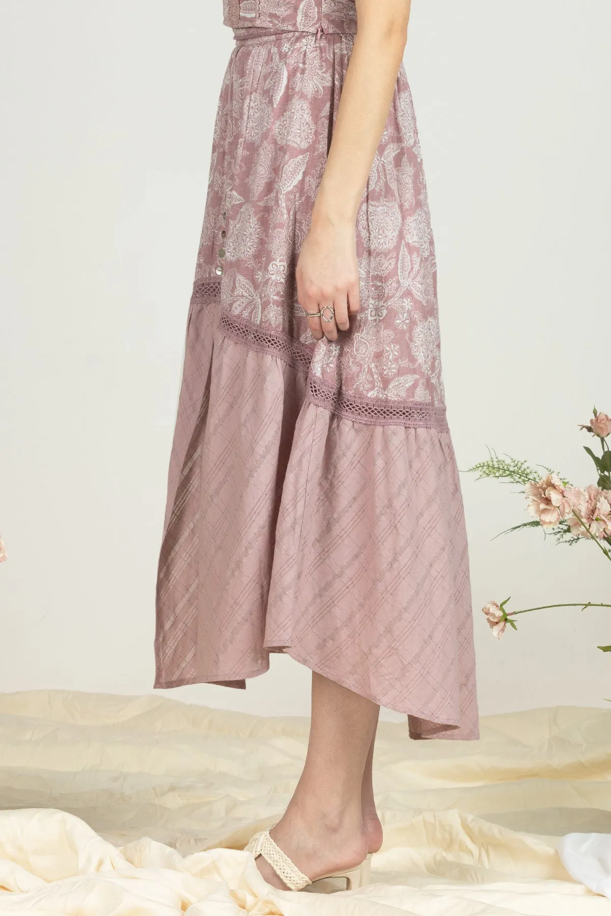 Mixed Print Buttoned Long Skirt