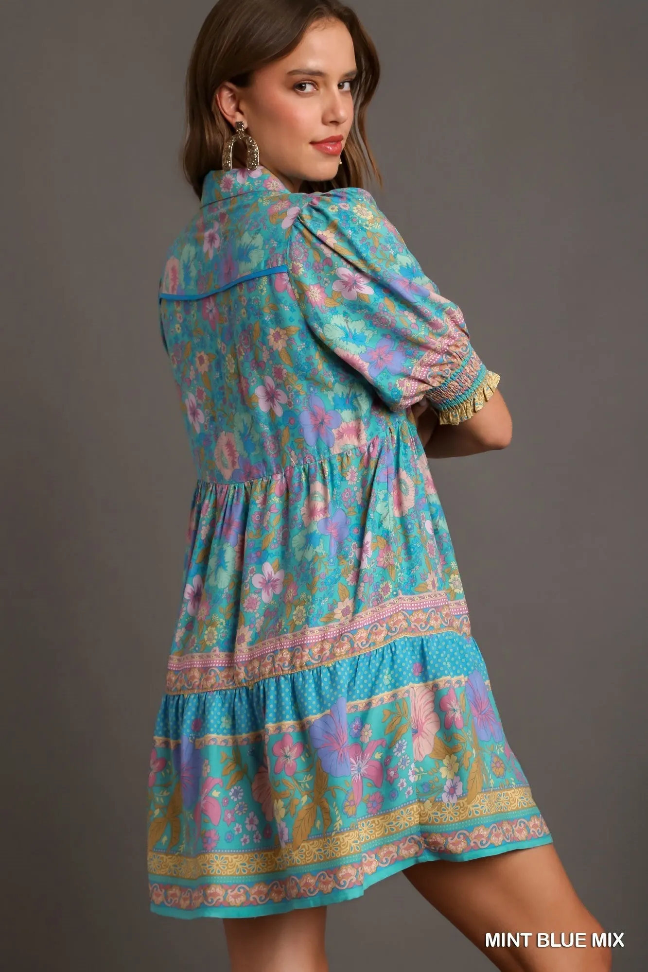 Mixed Print Collared Short Dress with Cu
