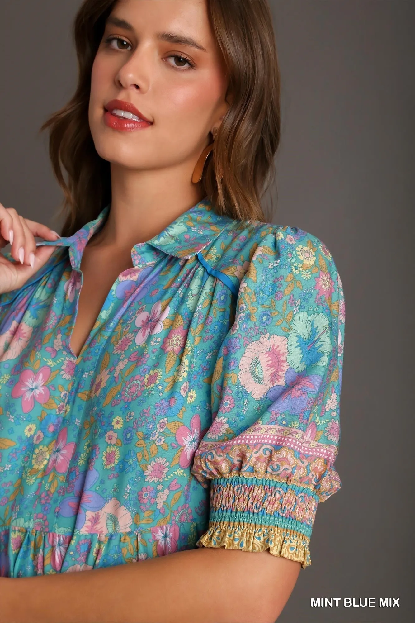 Mixed Print Collared Short Dress with Cu