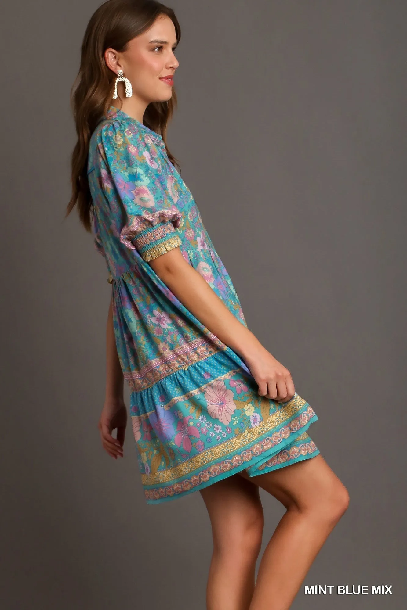 Mixed Print Collared Short Dress with Cu