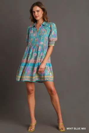 Mixed Print Collared Short Dress with Cu