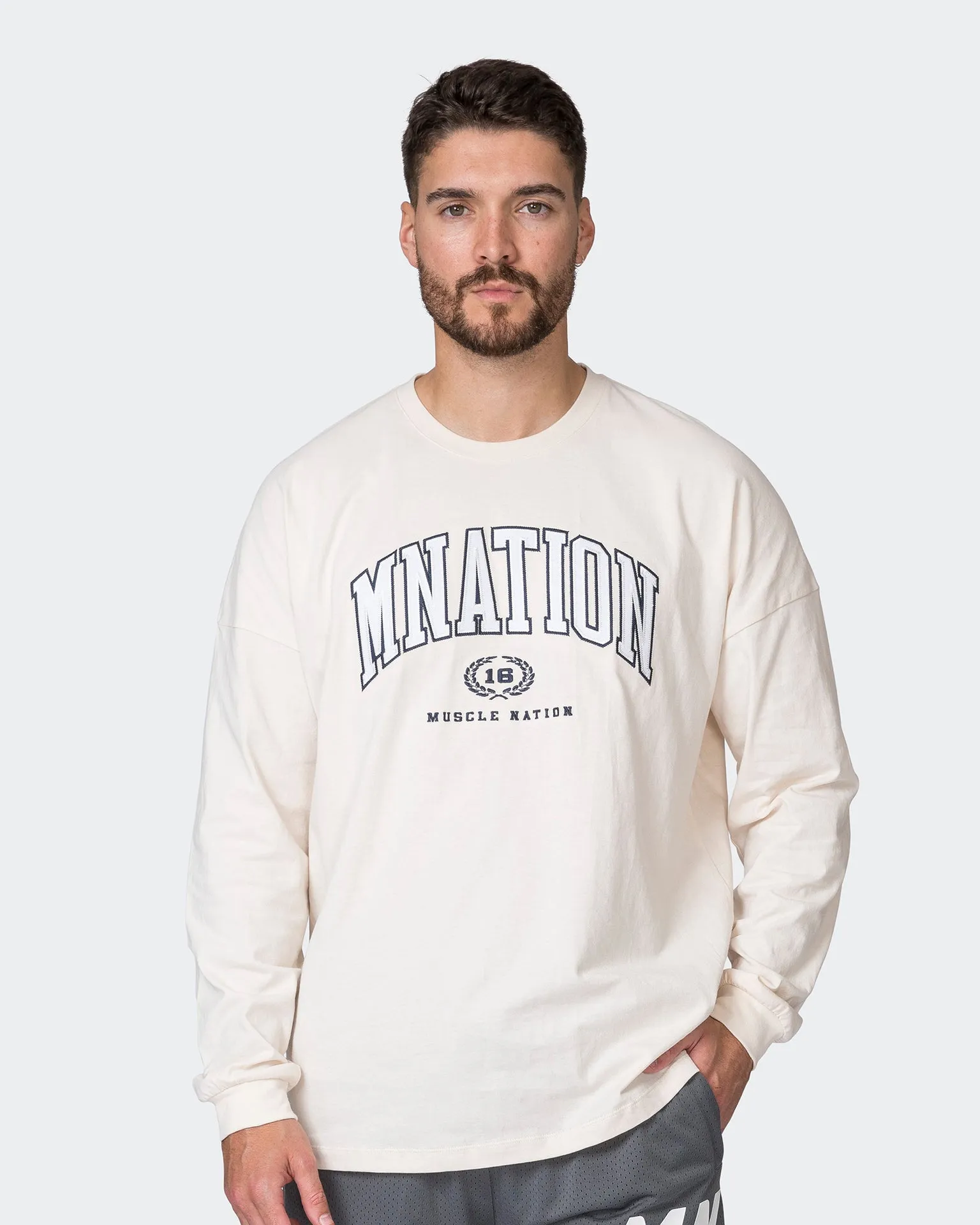 MN Varsity Oversized Long Sleeve Tee - Travertine