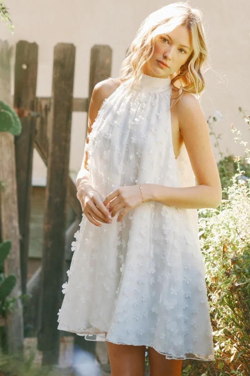 Mock Neck Sleeveless Mini Dress W/ 3D Flower Appliques