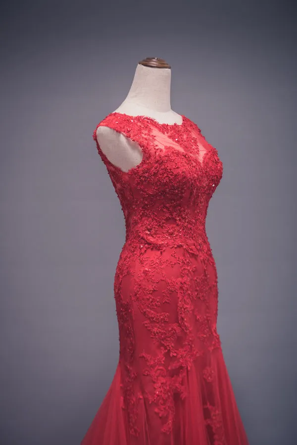 Modest Mermaid Red Lace Wedding Dress