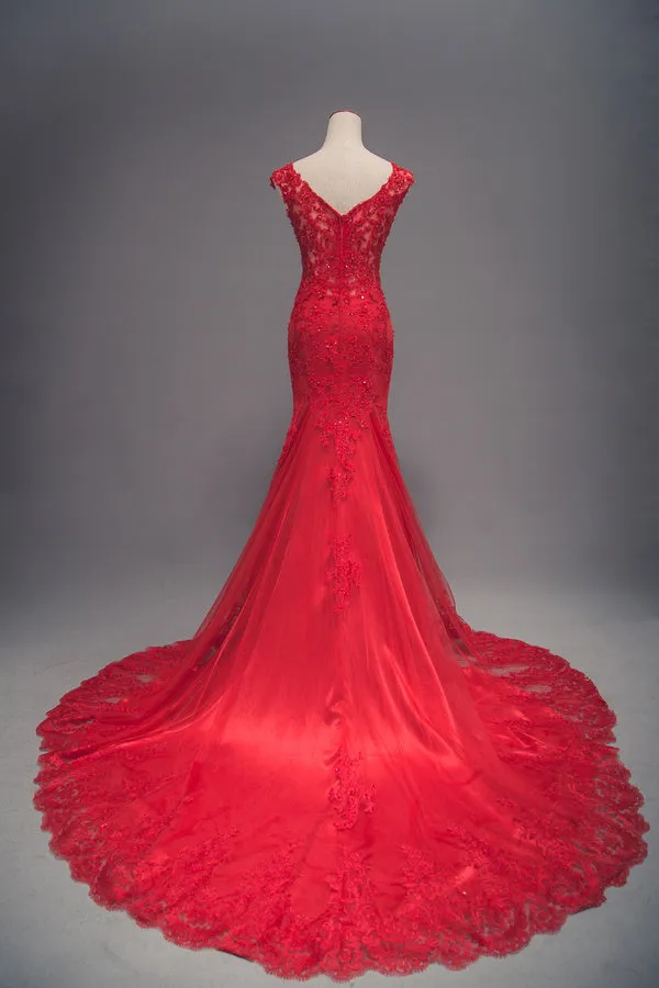 Modest Mermaid Red Lace Wedding Dress