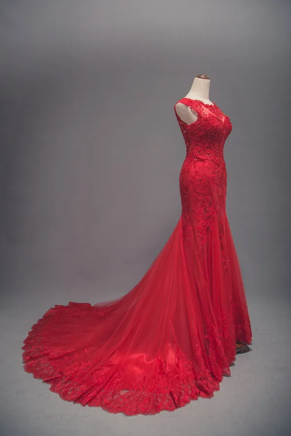 Modest Mermaid Red Lace Wedding Dress