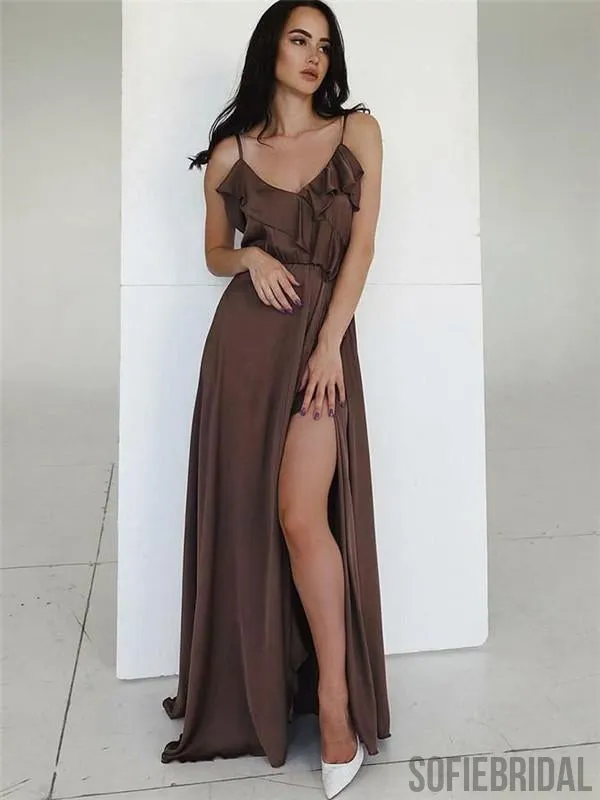 Modest Spaghetti Straps Long Prom Dresses With Split, PD0069
