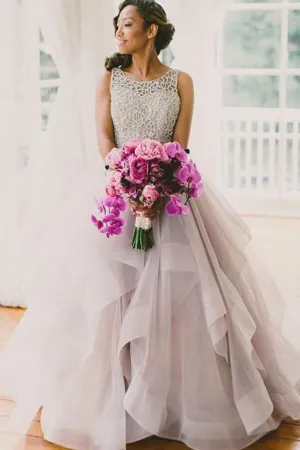 Modest Tulle A-line Scoop Sweep Train Wedding Dresses, Bridal Gowns, MW604