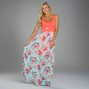 Mommy and Me Matching Coral and Floral Print Sleeveless Maxi Dresses