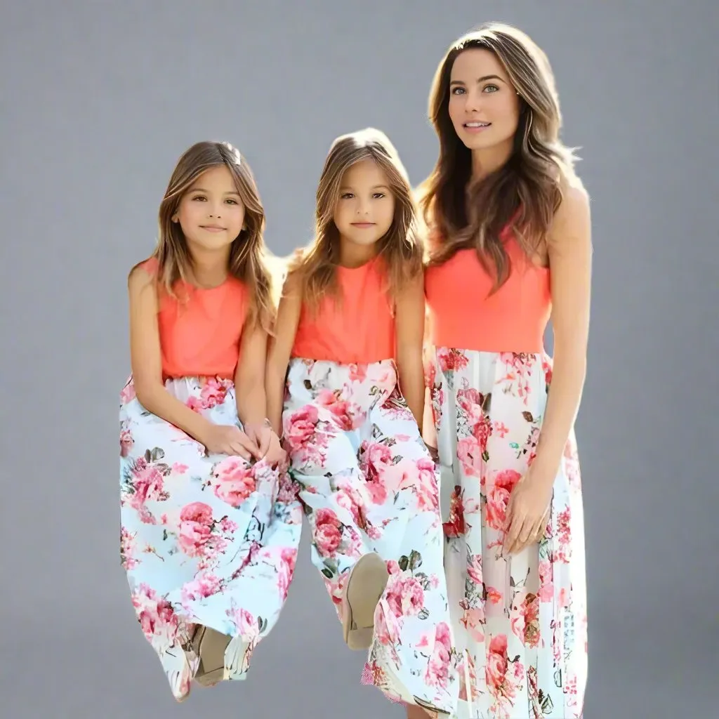 Mommy and Me Matching Coral and Floral Print Sleeveless Maxi Dresses