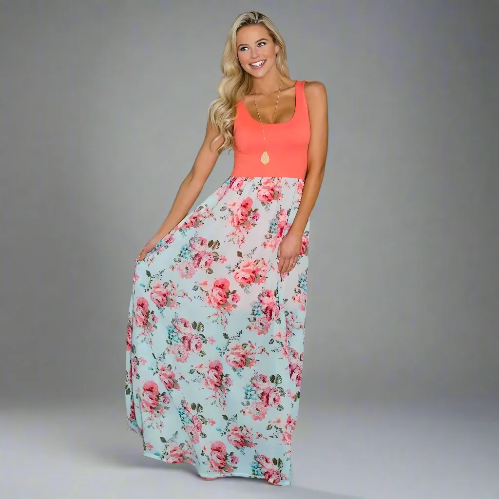 Mommy and Me Matching Coral and Floral Print Sleeveless Maxi Dresses