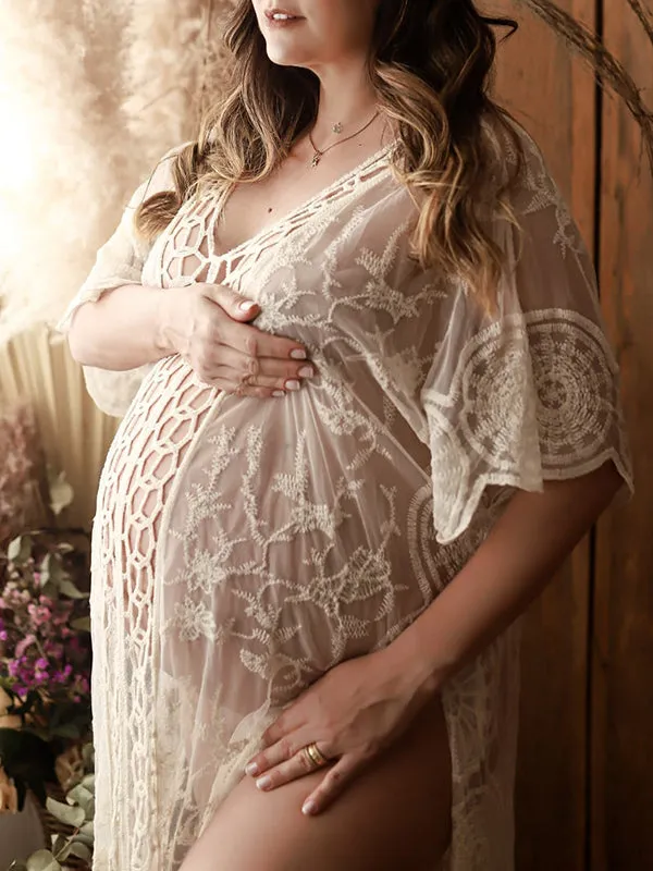 Momnfancy Cut Out Slit Lace Sheer Photoshoot Boho Flowy Crochet Cover-Up Smock Maternity Dress