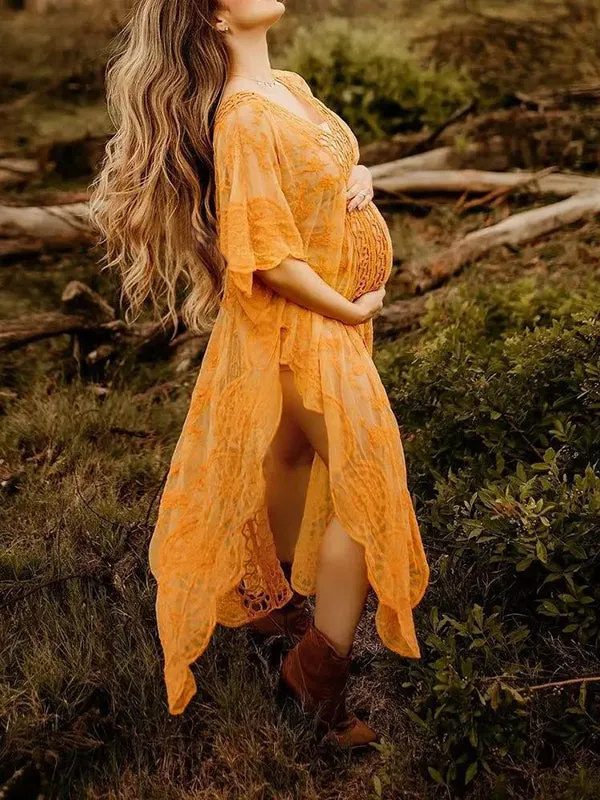 Momnfancy Cut Out Slit Lace Sheer Photoshoot Boho Flowy Crochet Cover-Up Smock Maternity Dress