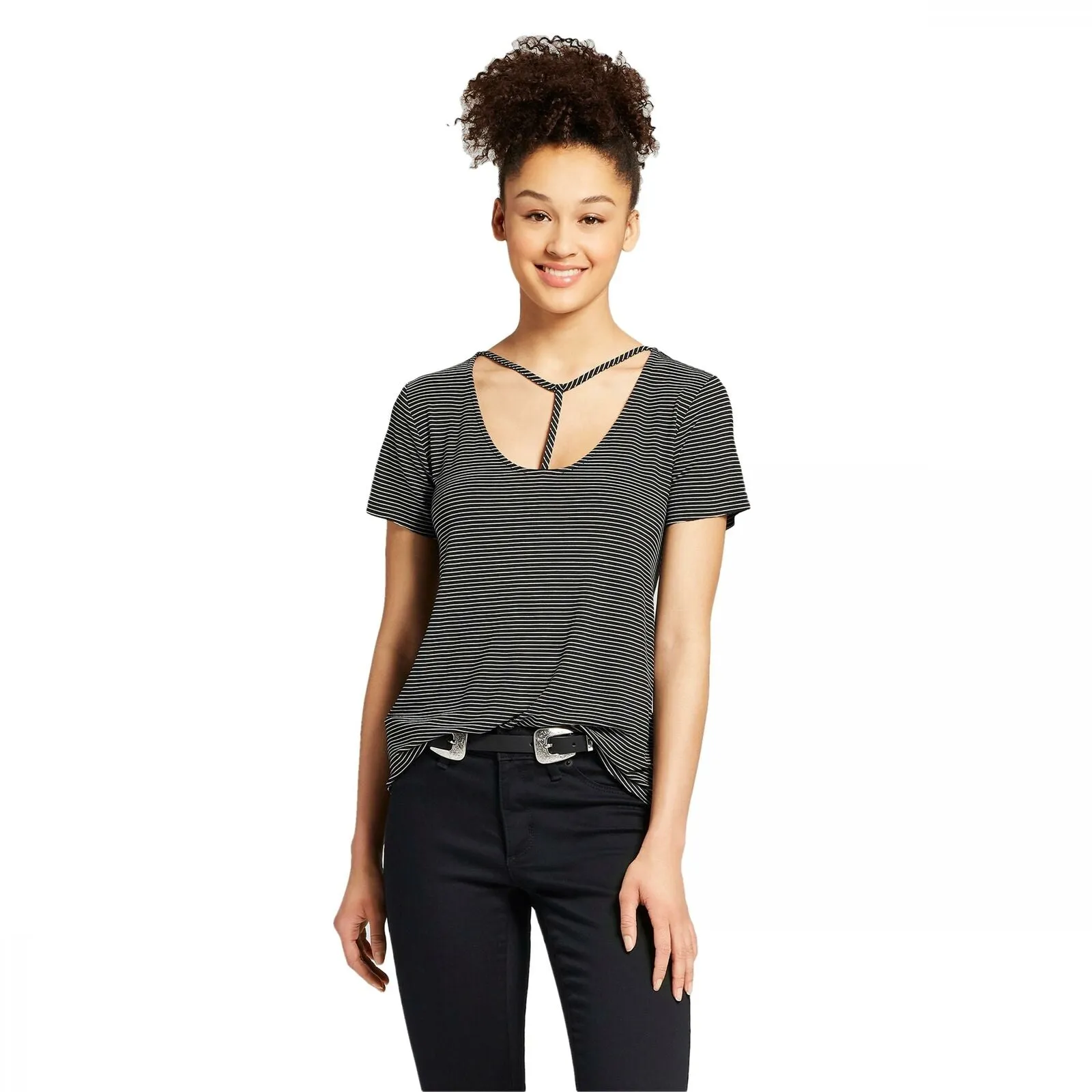 Mossimo Women's Striped Short Sleeve Drapey Flowy T-Shirt with Neck Detail