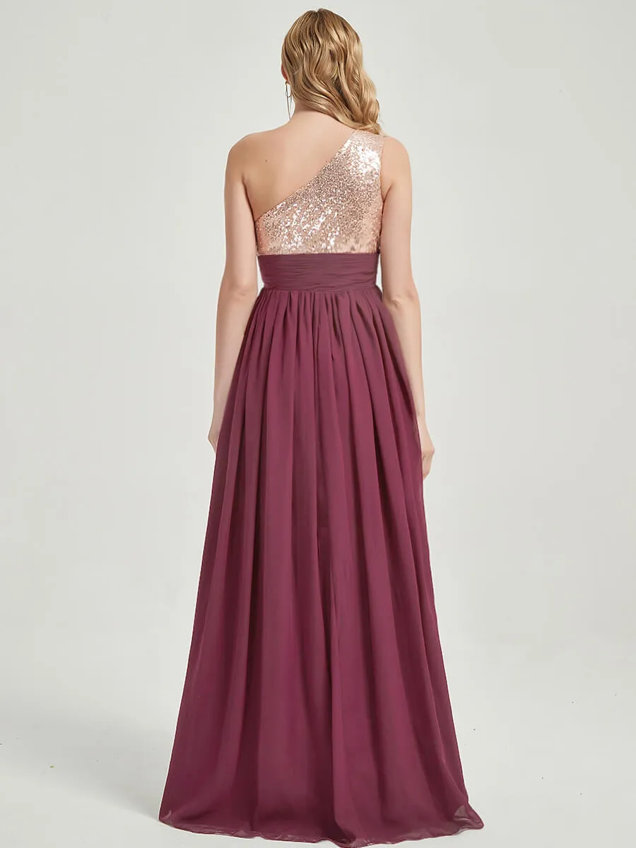 Mulberry One-Shoulder Sequin Chiffon Maxi Bridesmaid Dress for Party