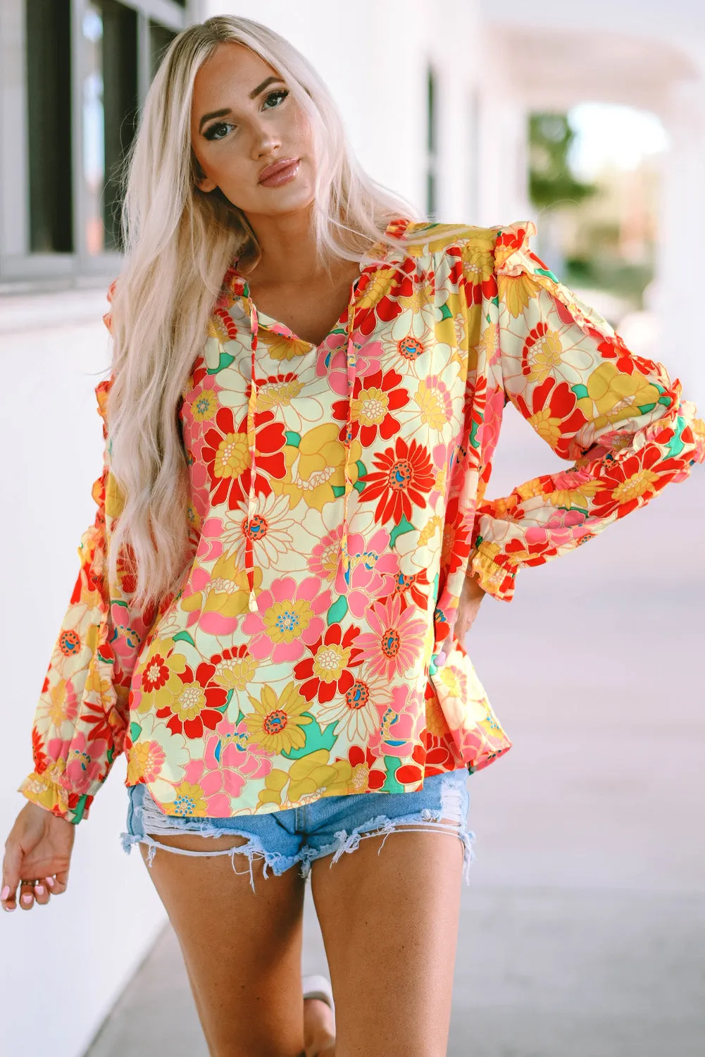 Multicolor Stand Collar Flutter Sleeves Floral Top