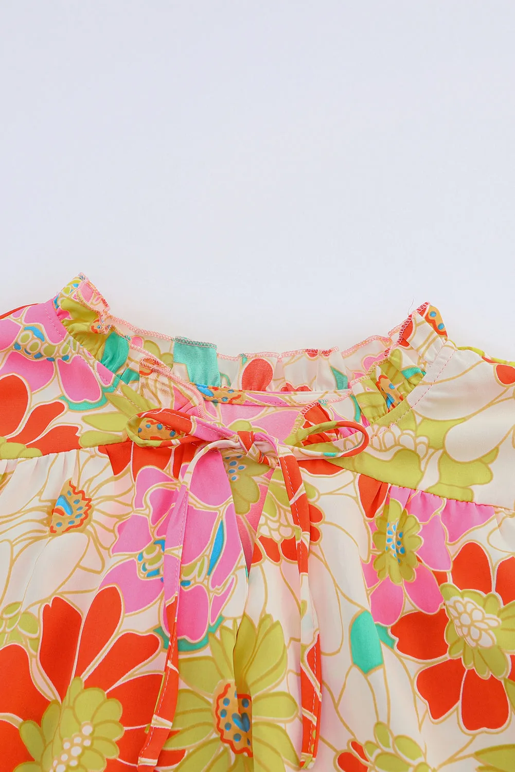 Multicolor Stand Collar Flutter Sleeves Floral Top