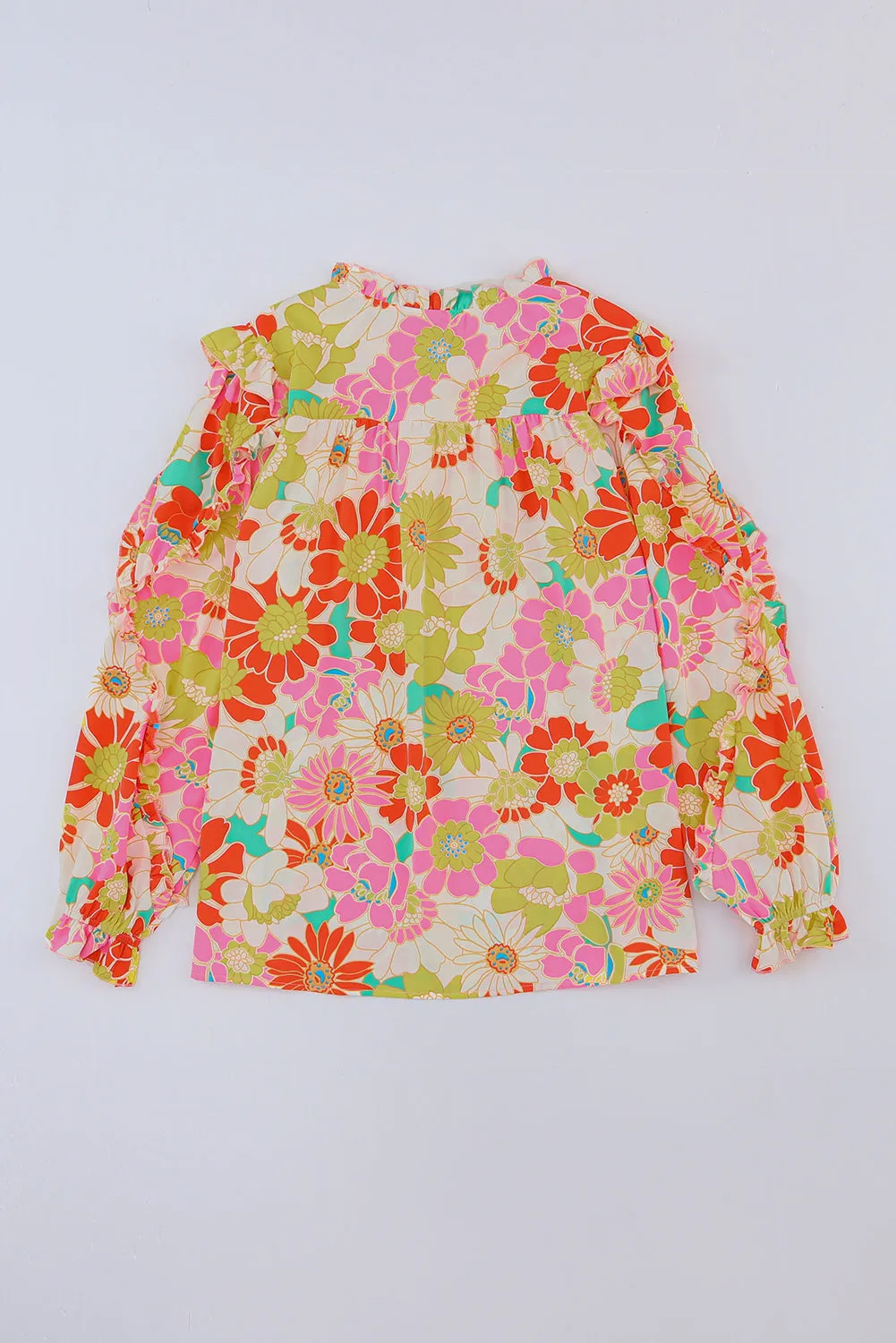Multicolor Stand Collar Flutter Sleeves Floral Top