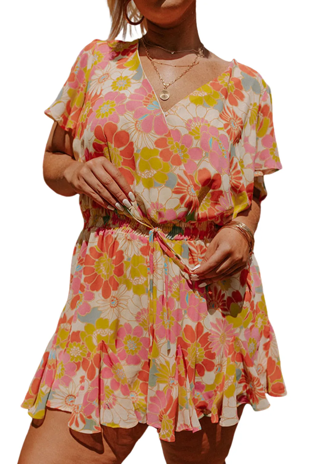 Multicolor Stand Collar Flutter Sleeves Floral Top
