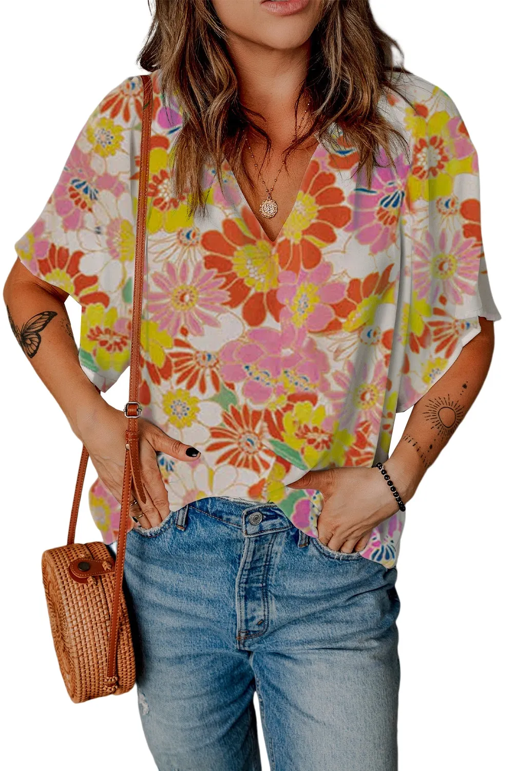 Multicolor Stand Collar Flutter Sleeves Floral Top
